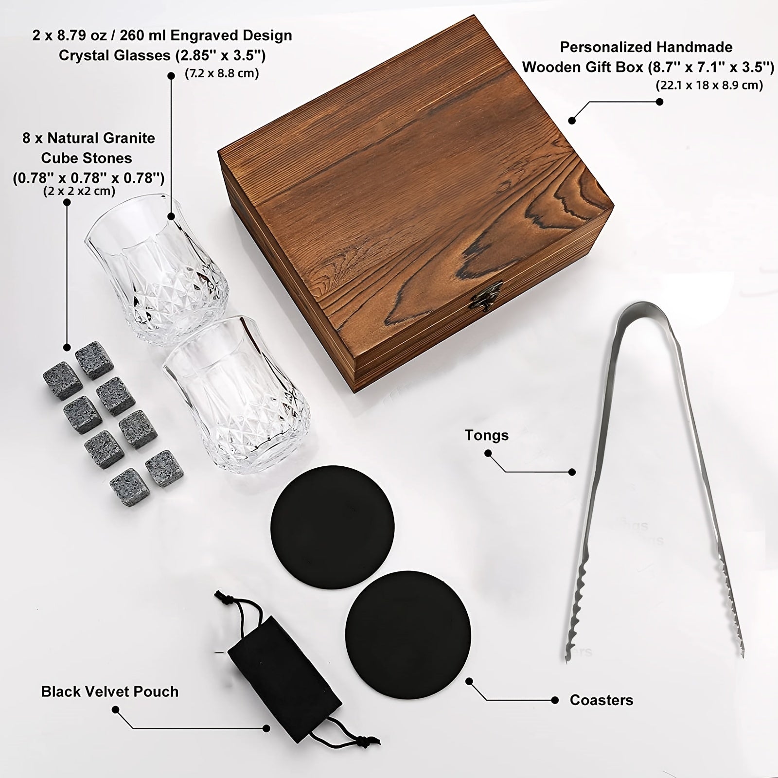 1 Set Gift Box Kit For Whiskey Stones And Whiskey Glass, 8pcs Granite Chilling Whisky Rocks + 2pcs Glasses Cup, With Wooden Storage Box, Best Gift For Men, Father's Day Dad's Birthday Thanksgiving New Year Gift - Le Coin Du Barman : Le Spécialiste Des Cocktails