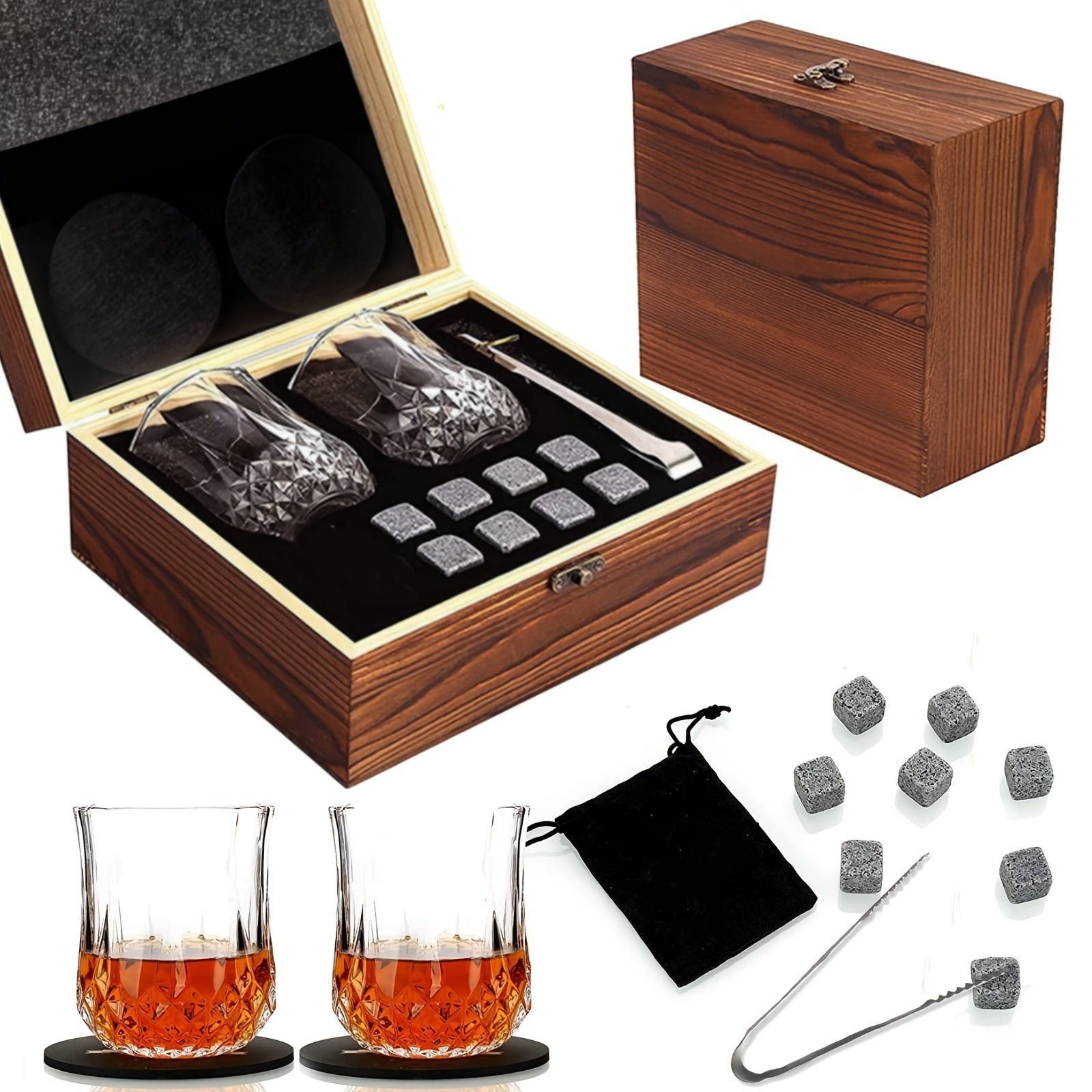 1 Set Gift Box Kit For Whiskey Stones And Whiskey Glass, 8pcs Granite Chilling Whisky Rocks + 2pcs Glasses Cup, With Wooden Storage Box, Best Gift For Men, Father's Day Dad's Birthday Thanksgiving New Year Gift - Le Coin Du Barman : Le Spécialiste Des Cocktails