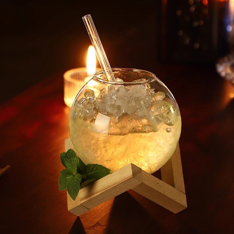 1pc 450ml Clear Moon Cocktail Glass With Wood Stand Unique Shape Bar Glassware Drum Drink Cup Ronud Ball Cocktail Cup Smoothie Bowl For Restaurant - Le Coin Du Barman : Le Spécialiste Des Cocktails